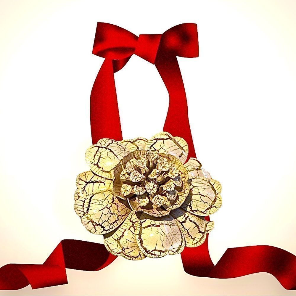 Large white crackled gold vintage large floral enamel pin